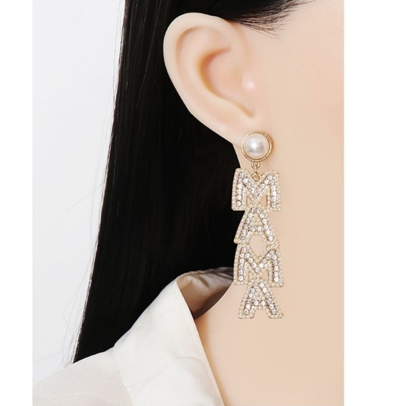 Pearl & Crystal Rhinestone "MAMA"  Earrings ~ 🎁 🦪 - Picture 3 of 7